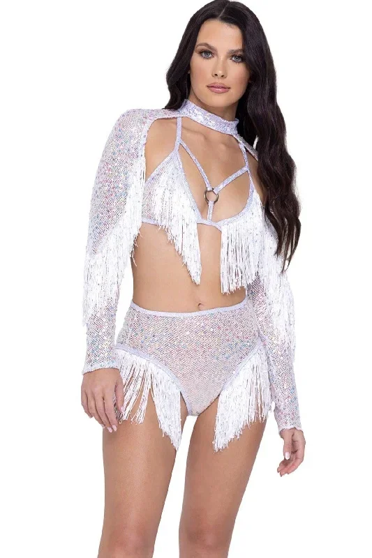 Sequin Fishnet Shrug with Fringe Detail