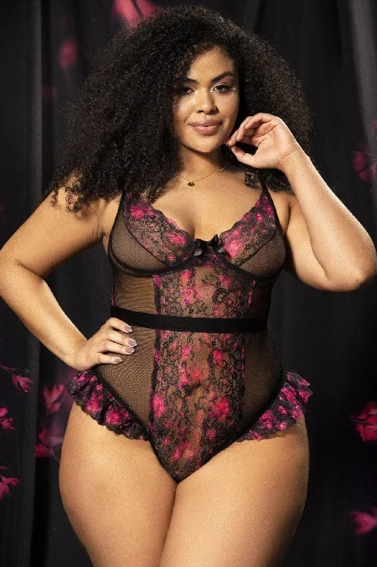 Plus Size Floral Print Mesh Side Teddy