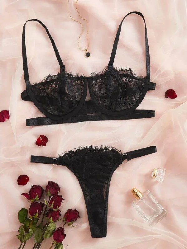 Black Lingerie Floral Lace Set